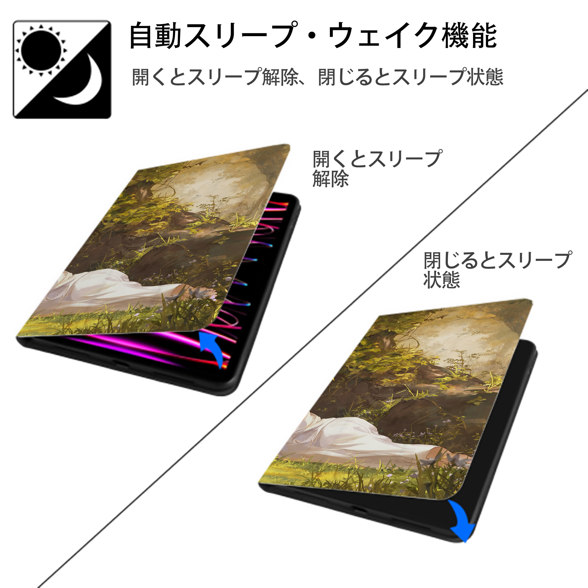 葬送のフリーレン Frieren IPad ケース ブック型 PUレザー TPU 耐衝撃 軽量 薄型 ペン収納なし 全面保護 IPad 各モデル対応