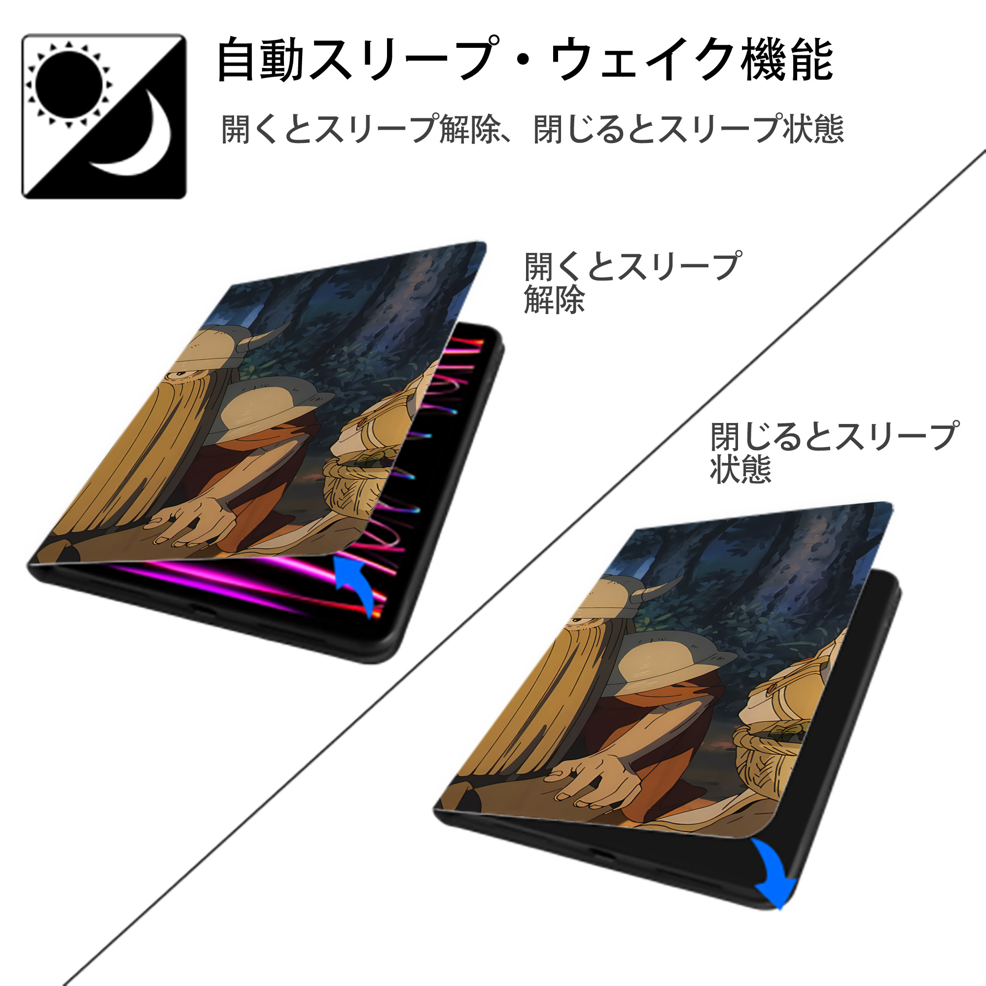葬送のフリーレン Frieren IPad ケース ブック型 PUレザー TPU 耐衝撃 軽量 薄型 ペン収納なし 全面保護 IPad 各モデル対応