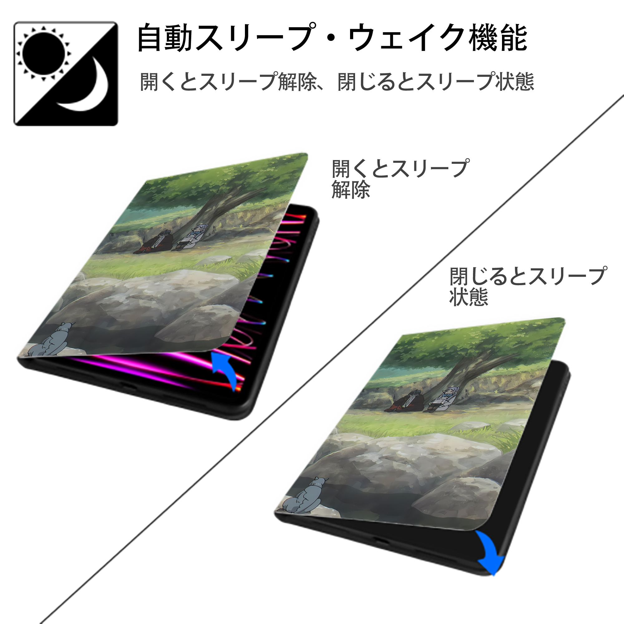 葬送のフリーレン Frieren IPad ケース ブック型 PUレザー TPU 耐衝撃 軽量 薄型 ペン収納なし 全面保護 IPad 各モデル対応