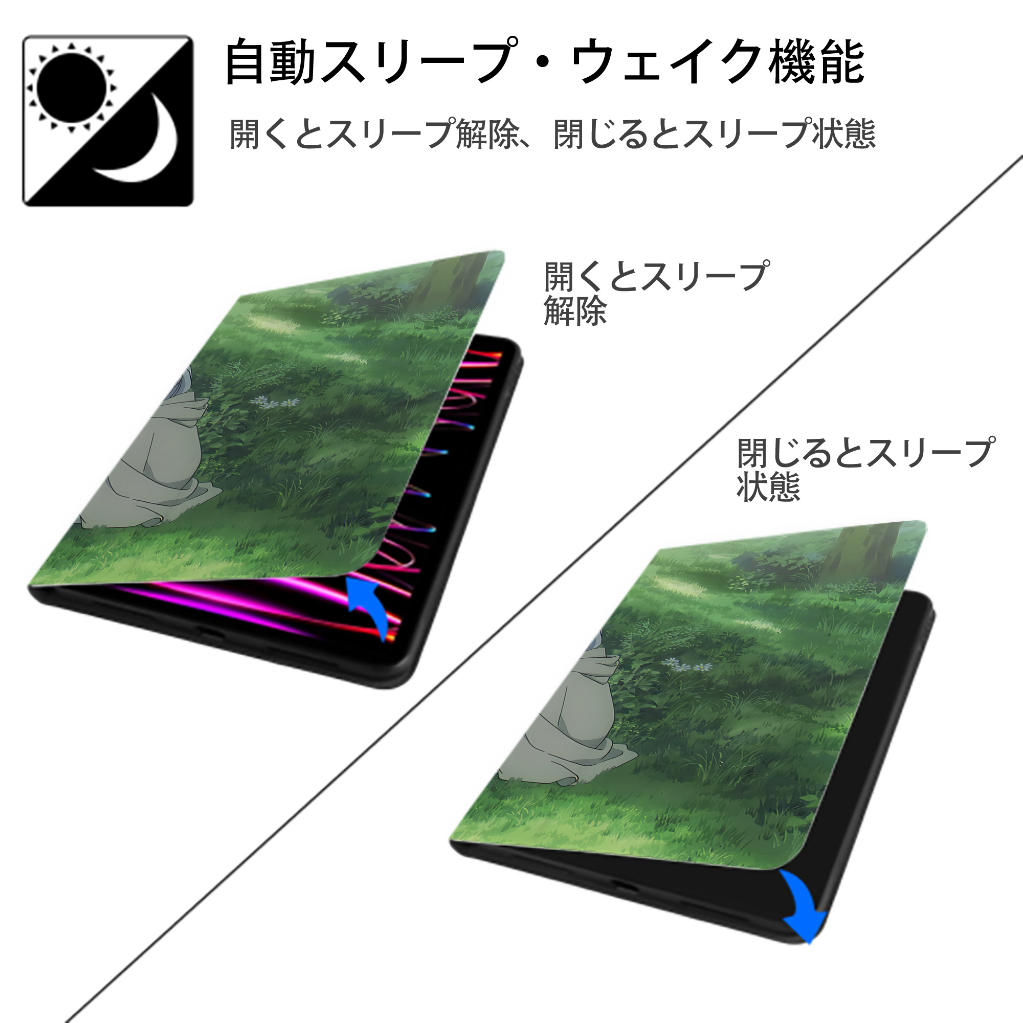 葬送のフリーレン Frieren IPad ケース ブック型 PUレザー TPU 耐衝撃 軽量 薄型 ペン収納なし 全面保護 IPad 各モデル対応