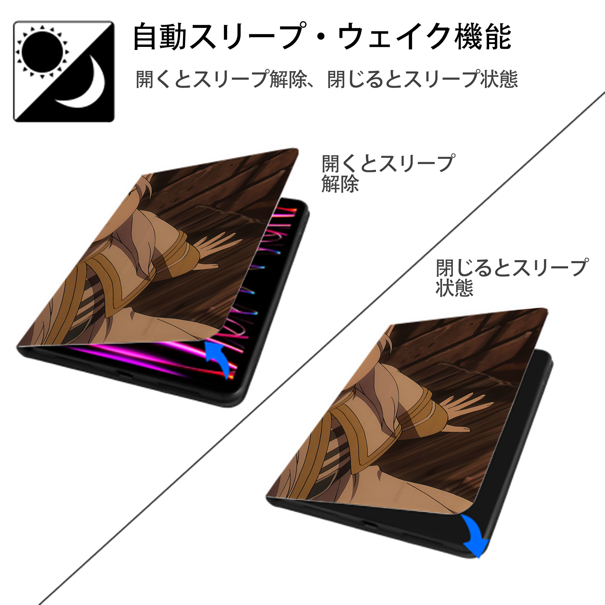 葬送のフリーレン Frieren IPad ケース ブック型 PUレザー TPU 耐衝撃 軽量 薄型 ペン収納なし 全面保護 IPad 各モデル対応