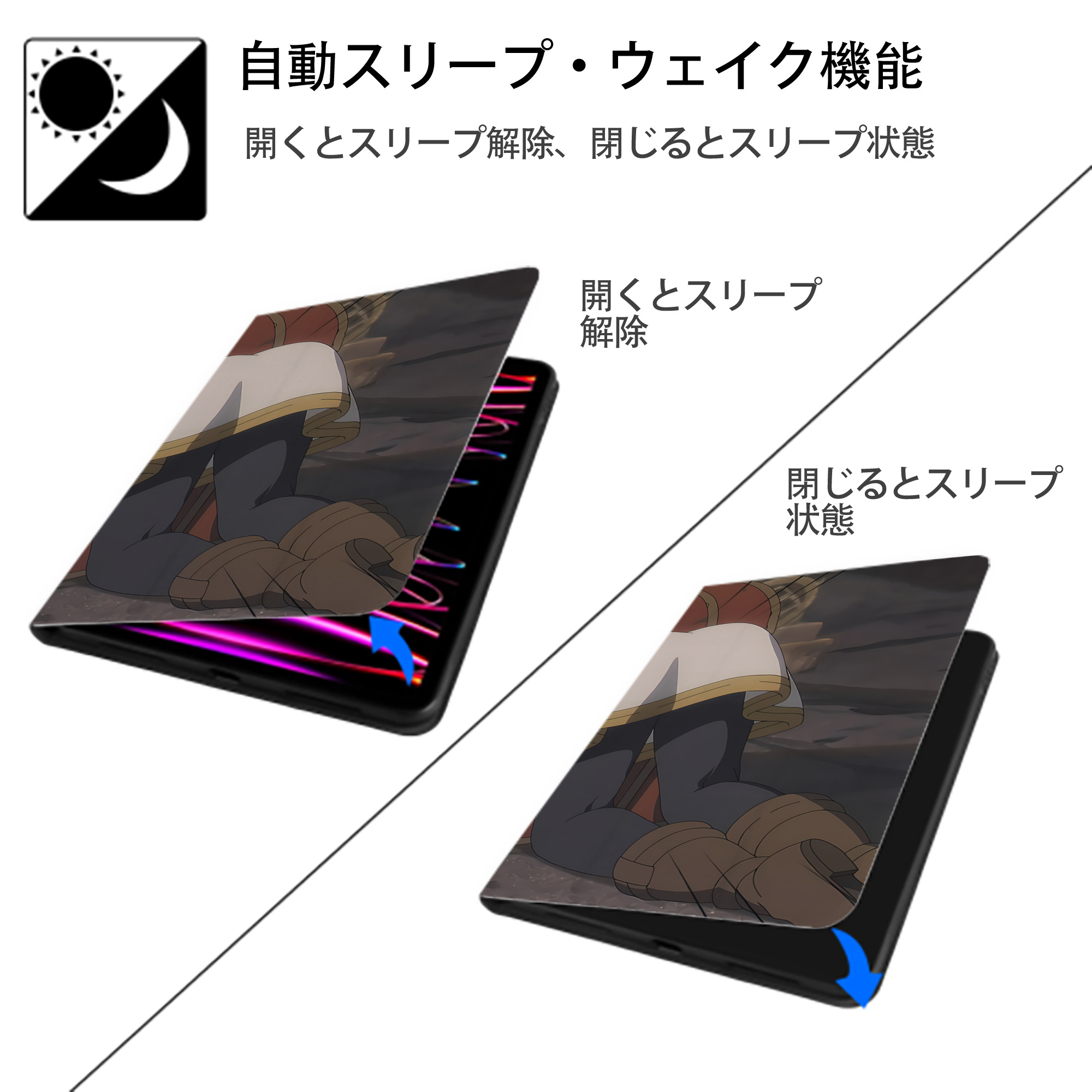 葬送のフリーレン Frieren IPad ケース ブック型 PUレザー TPU 耐衝撃 軽量 薄型 ペン収納なし 全面保護 IPad 各モデル対応