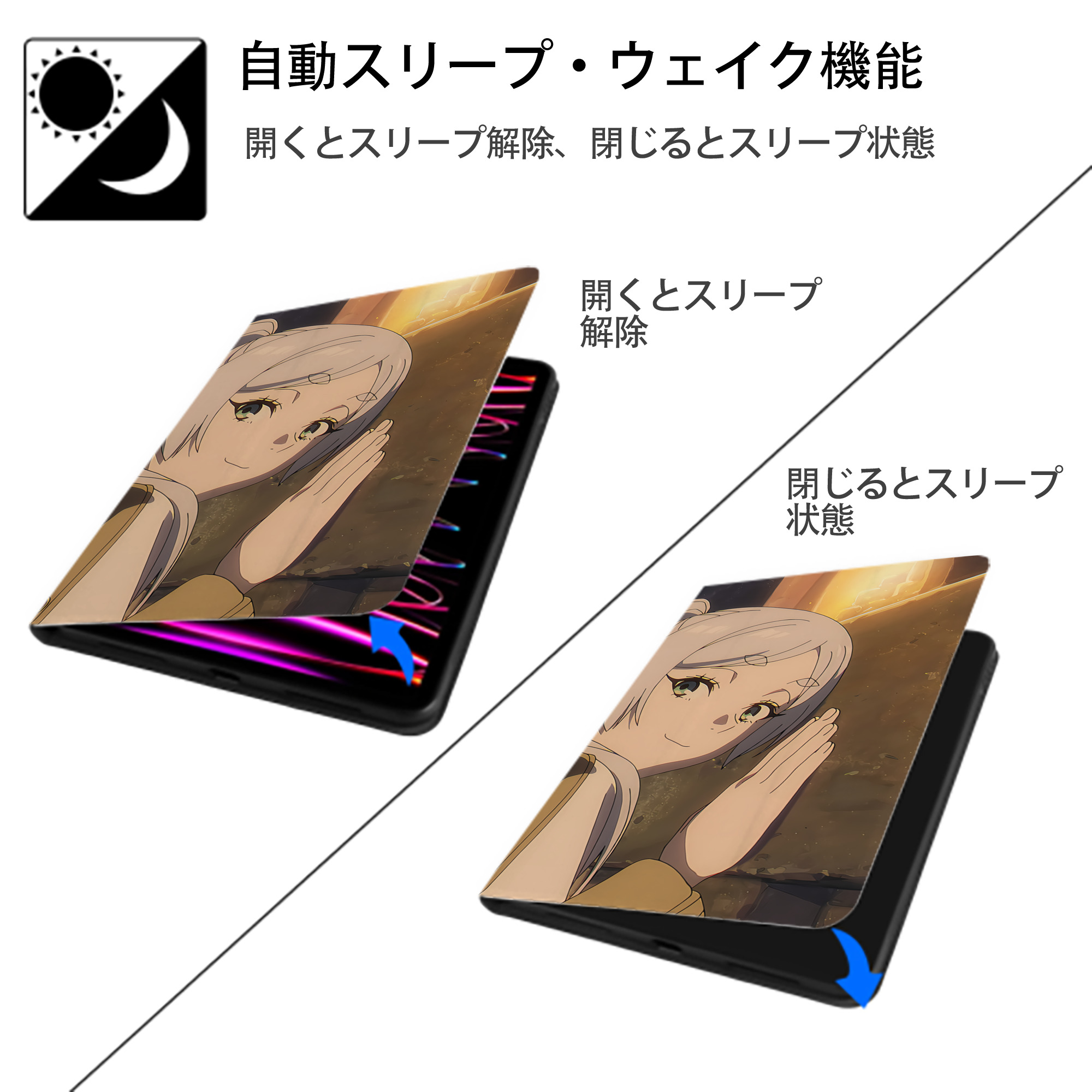 葬送のフリーレン Frieren IPad ケース ブック型 PUレザー TPU 耐衝撃 軽量 薄型 ペン収納なし 全面保護 IPad 各モデル対応