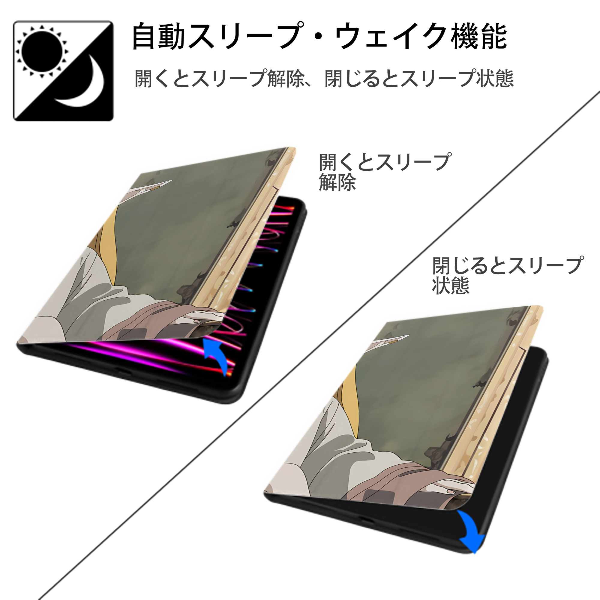 葬送のフリーレン Frieren IPad ケース ブック型 PUレザー TPU 耐衝撃 軽量 薄型 ペン収納なし 全面保護 IPad 各モデル対応