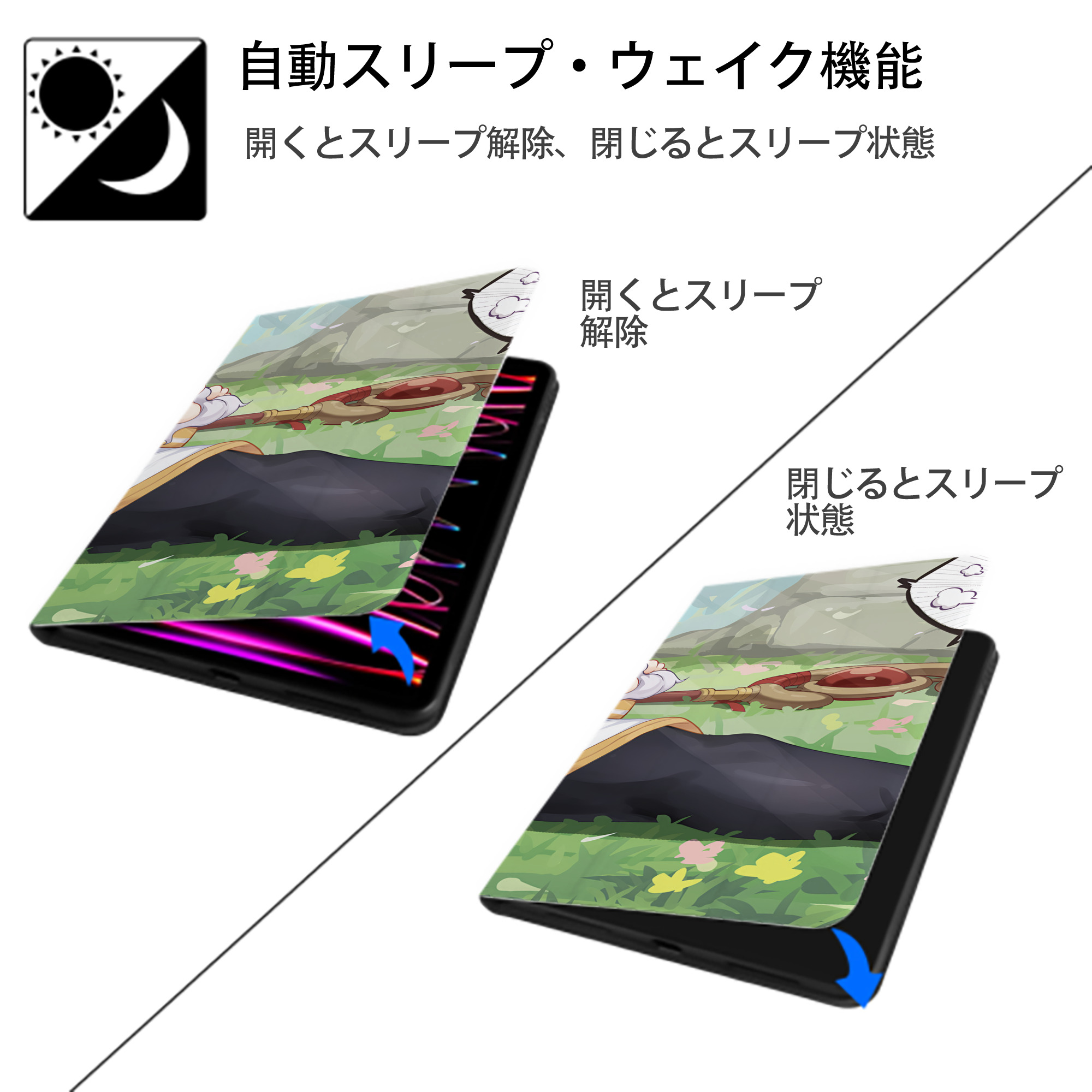 葬送のフリーレン Frieren IPad ケース ブック型 PUレザー TPU 耐衝撃 軽量 薄型 ペン収納なし 全面保護 IPad 各モデル対応
