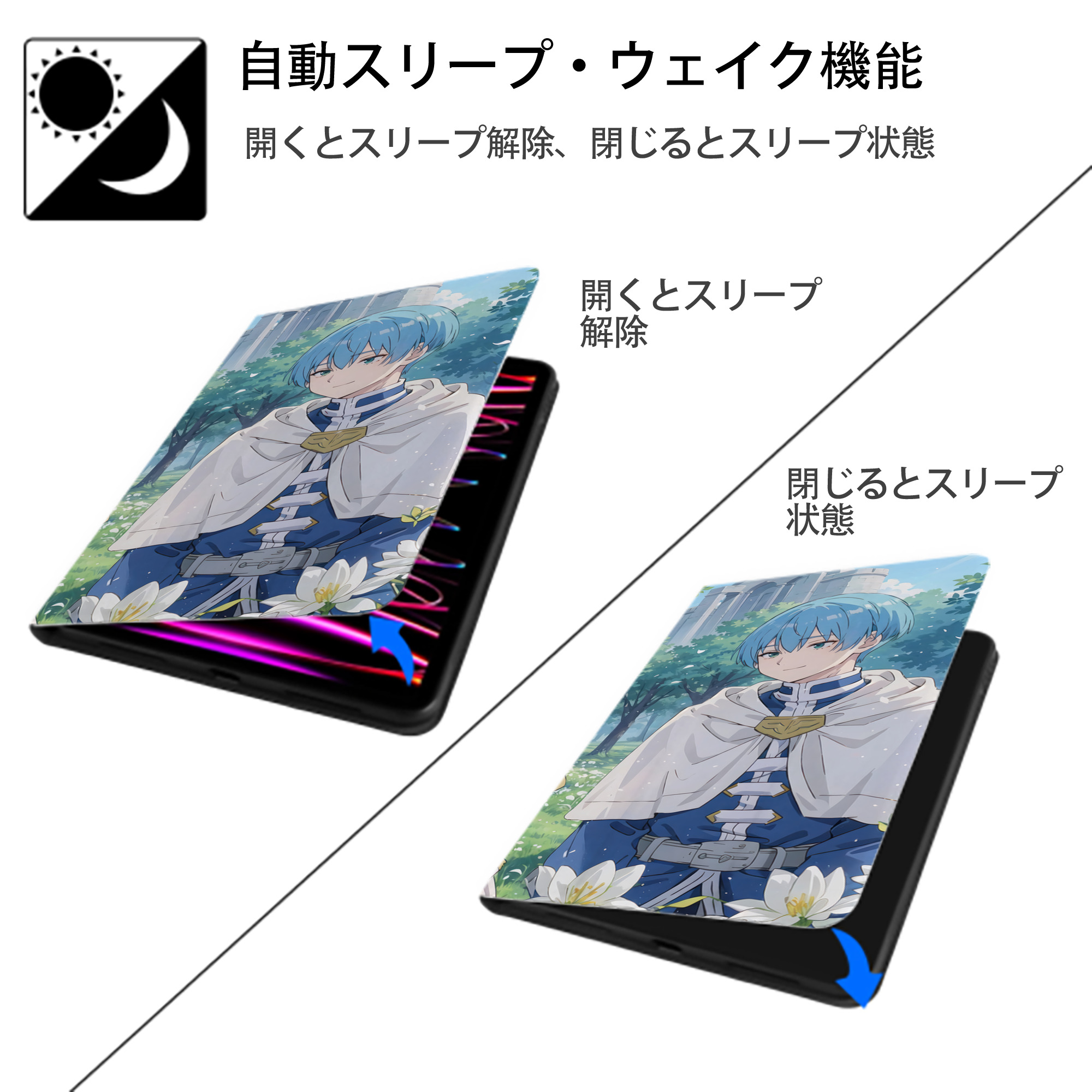 葬送のフリーレン Frieren IPad ケース ブック型 PUレザー TPU 耐衝撃 軽量 薄型 ペン収納なし 全面保護 IPad 各モデル対応