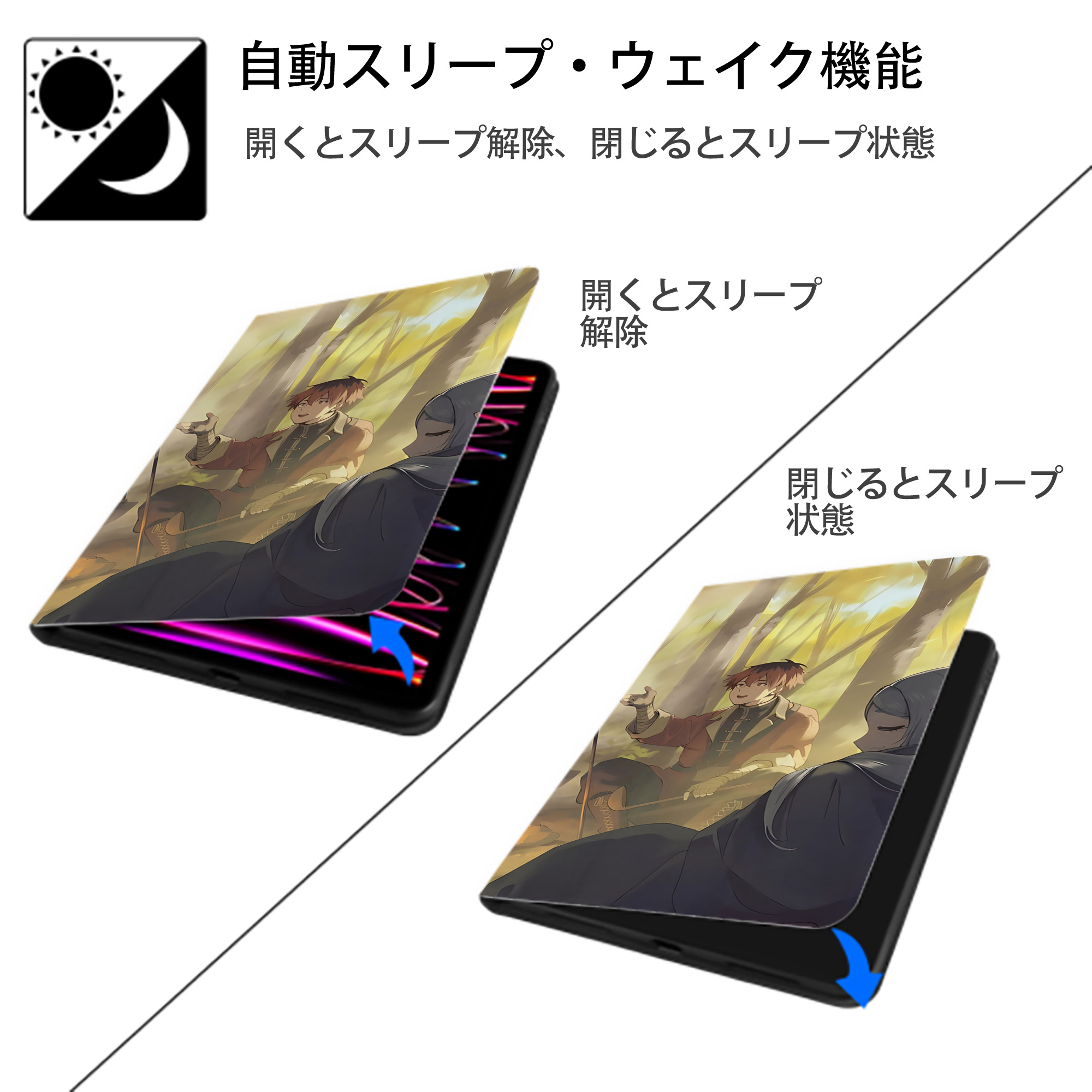 葬送のフリーレン Frieren IPad ケース ブック型 PUレザー TPU 耐衝撃 軽量 薄型 ペン収納なし 全面保護 IPad 各モデル対応