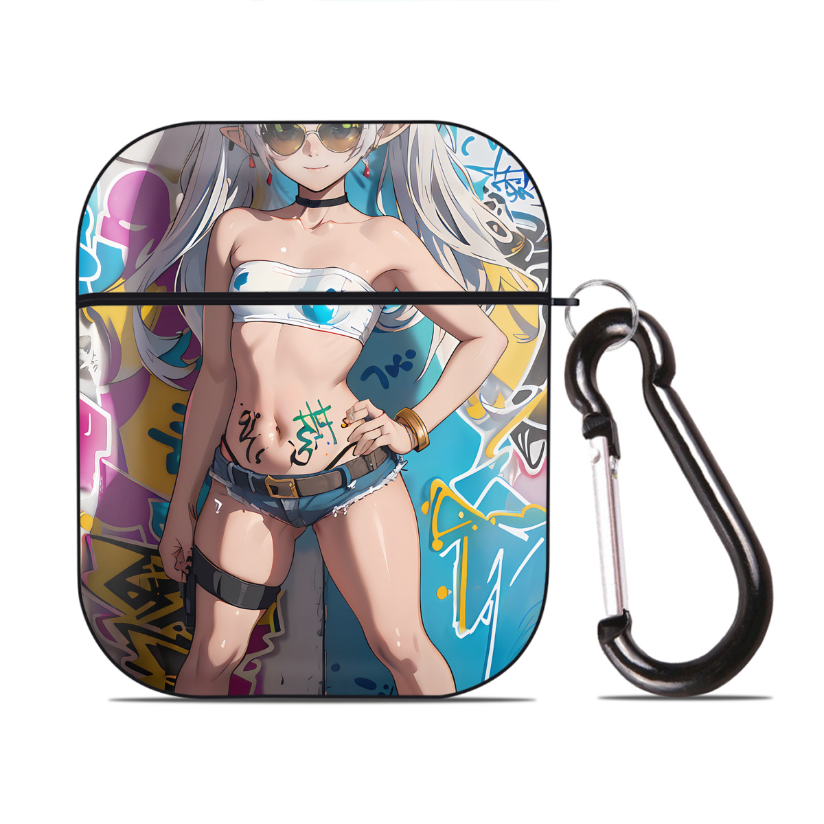 （画像用） 葬送のフリーレン Frieren AirPods 第2世代保護ケース ハードシェル ブラック 耐衝撃・防指紋・カラビナ付き
