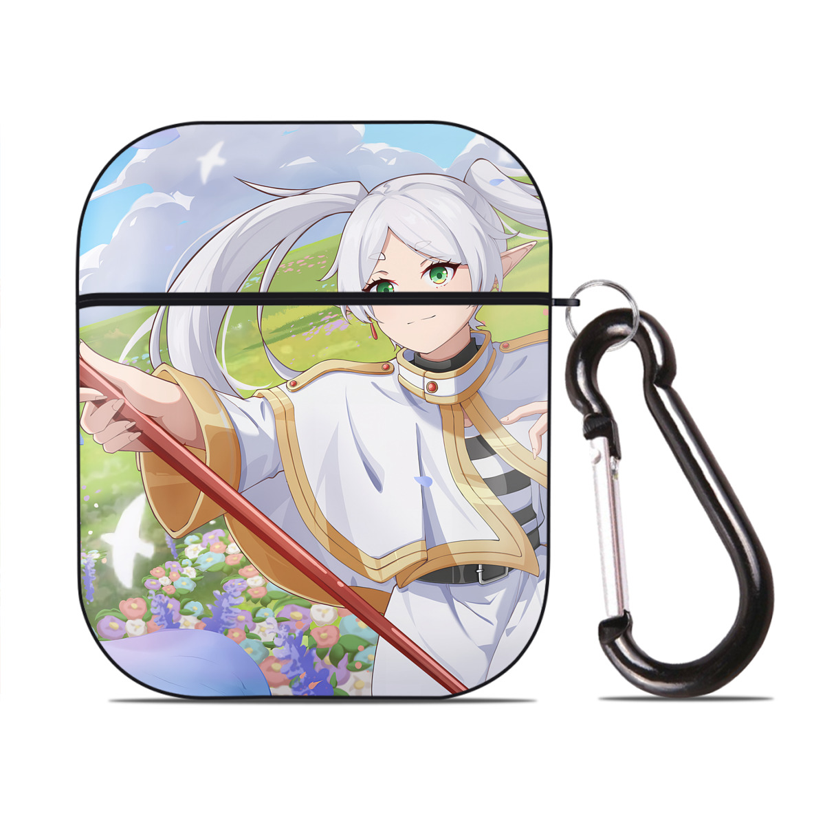 （画像用） 葬送のフリーレン Frieren AirPods 第2世代保護ケース ハードシェル ブラック 耐衝撃・防指紋・カラビナ付き