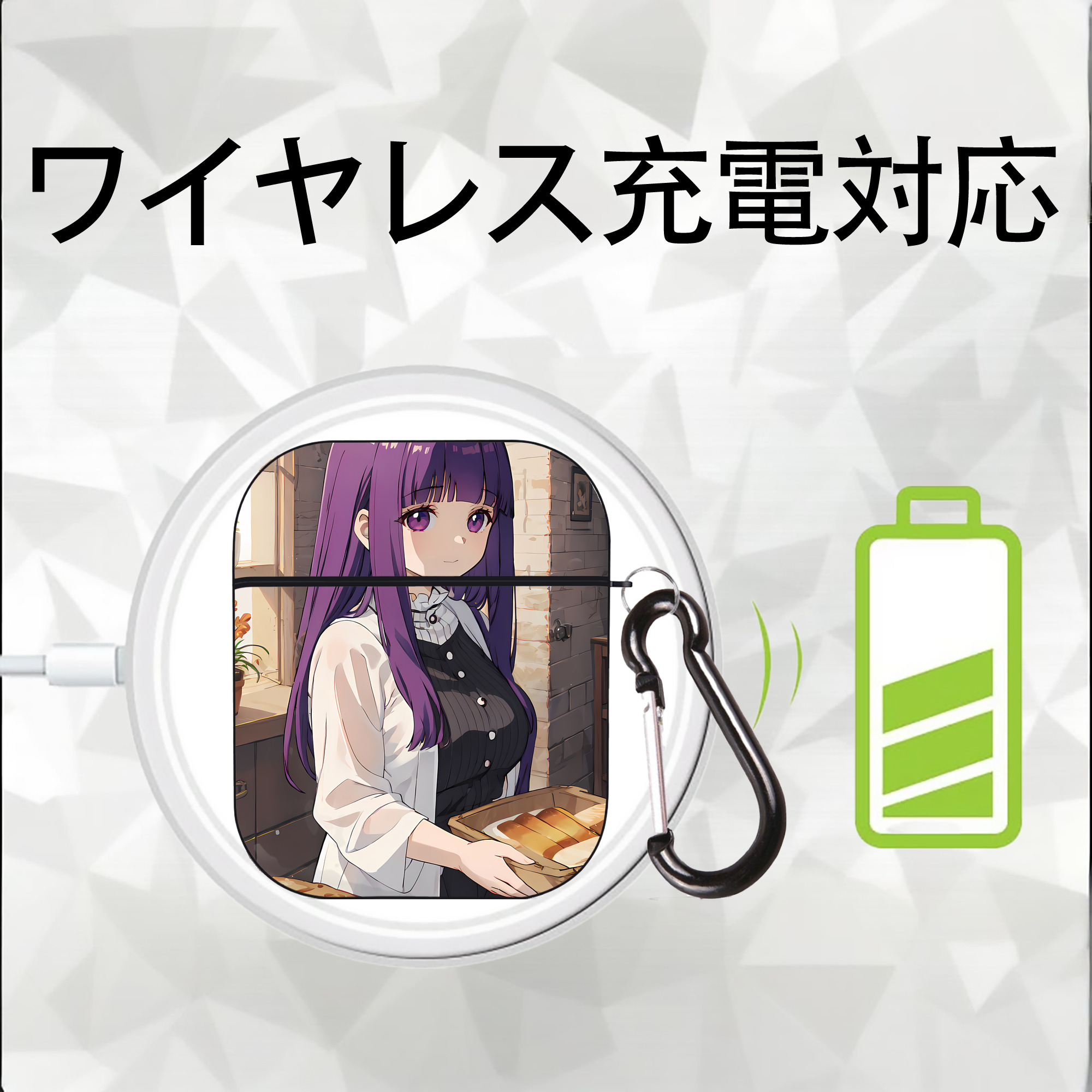 葬送のフリーレン Frieren AirPods 第2世代保護ケース ハードシェル ブラック 耐衝撃・防指紋・カラビナ付き