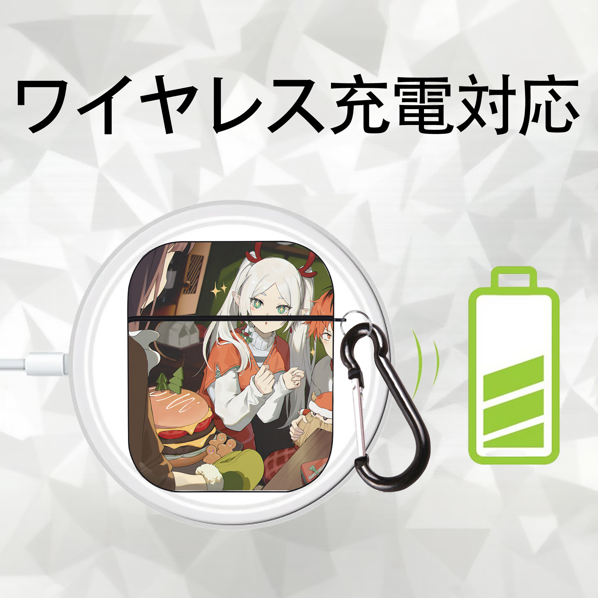 葬送のフリーレン Frieren AirPods 第2世代保護ケース ハードシェル ブラック 耐衝撃・防指紋・カラビナ付き