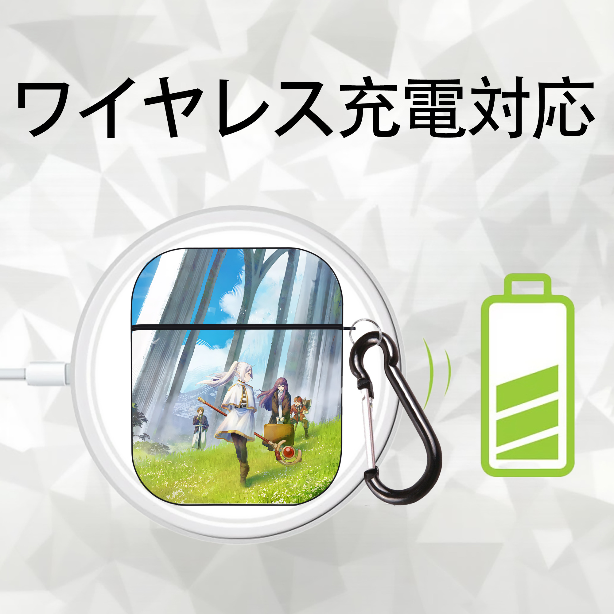 葬送のフリーレン Frieren AirPods 第2世代保護ケース ハードシェル ブラック 耐衝撃・防指紋・カラビナ付き