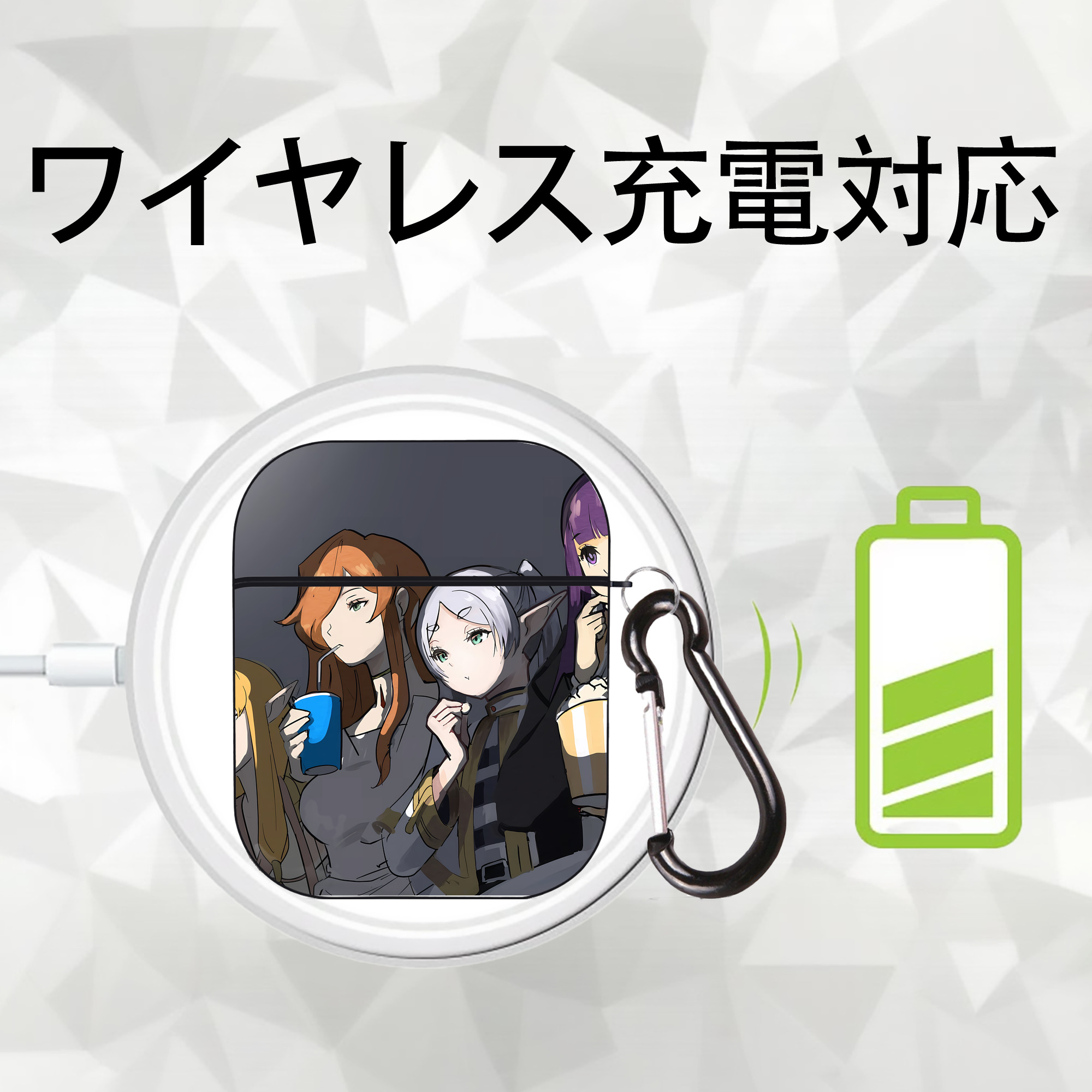 葬送のフリーレン Frieren AirPods 第2世代保護ケース ハードシェル ブラック 耐衝撃・防指紋・カラビナ付き