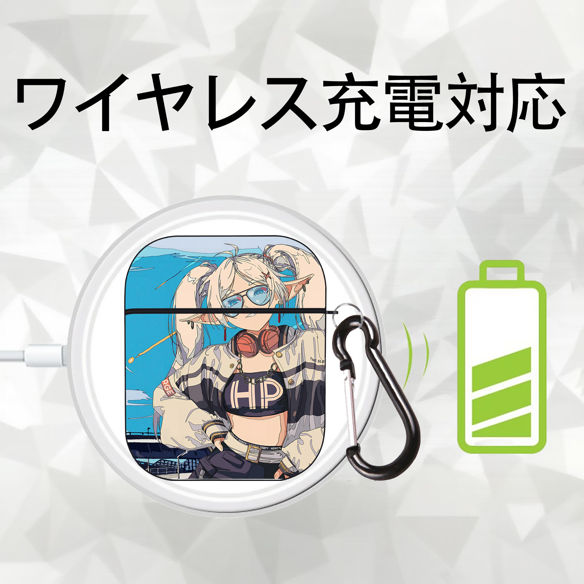 葬送のフリーレン Frieren AirPods 第2世代保護ケース ハードシェル ブラック 耐衝撃・防指紋・カラビナ付き