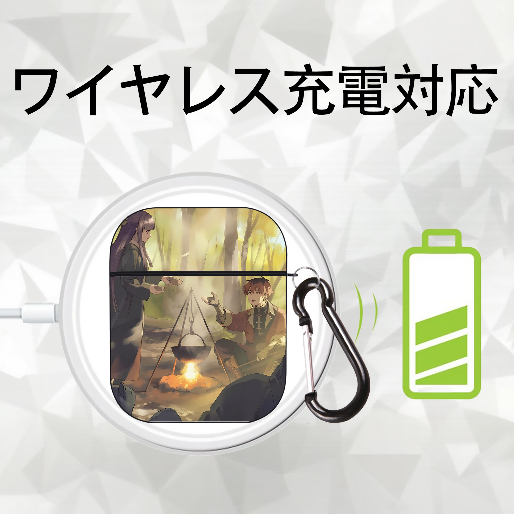 葬送のフリーレン Frieren AirPods 第2世代保護ケース ハードシェル ブラック 耐衝撃・防指紋・カラビナ付き