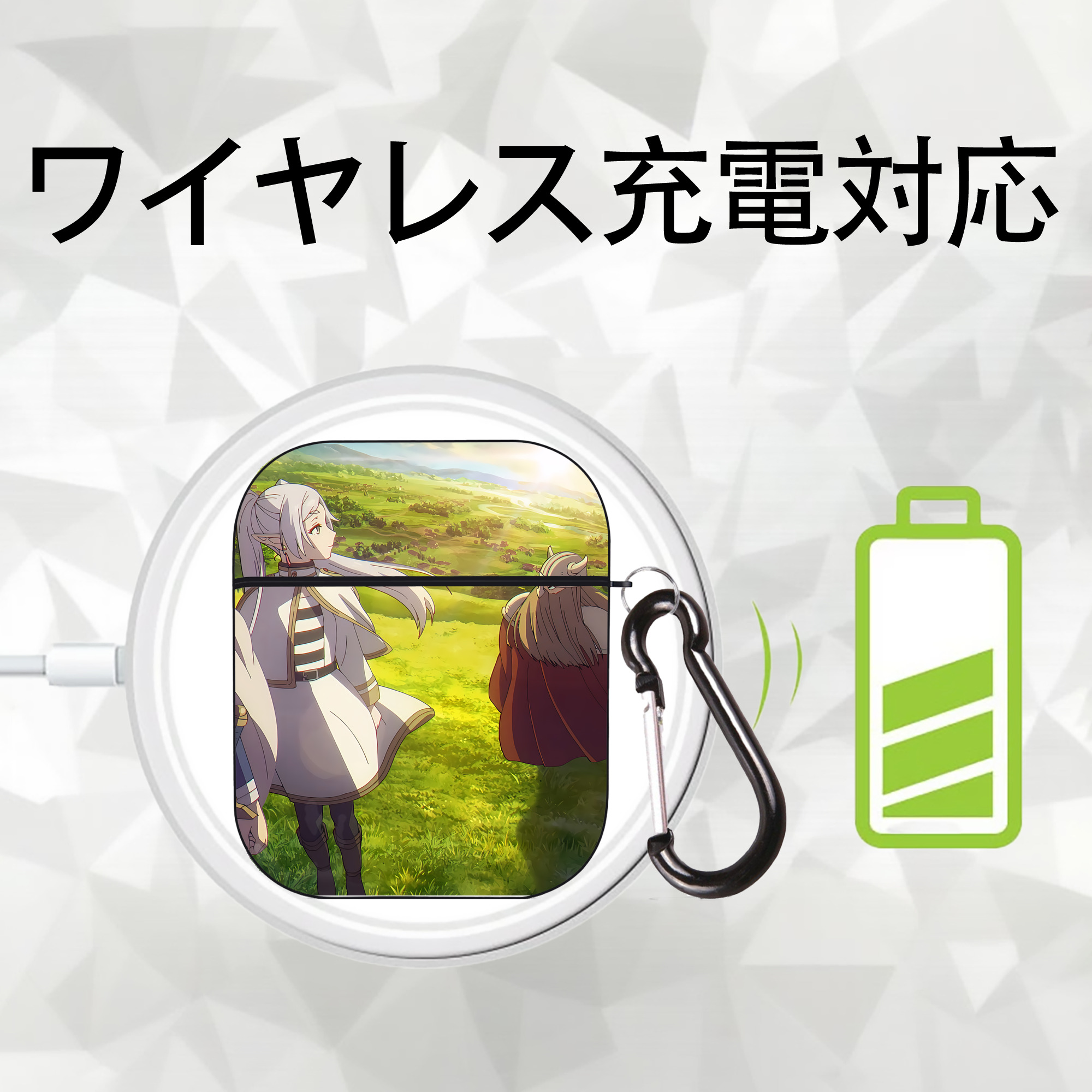 葬送のフリーレン Frieren AirPods 第2世代保護ケース ハードシェル ブラック 耐衝撃・防指紋・カラビナ付き