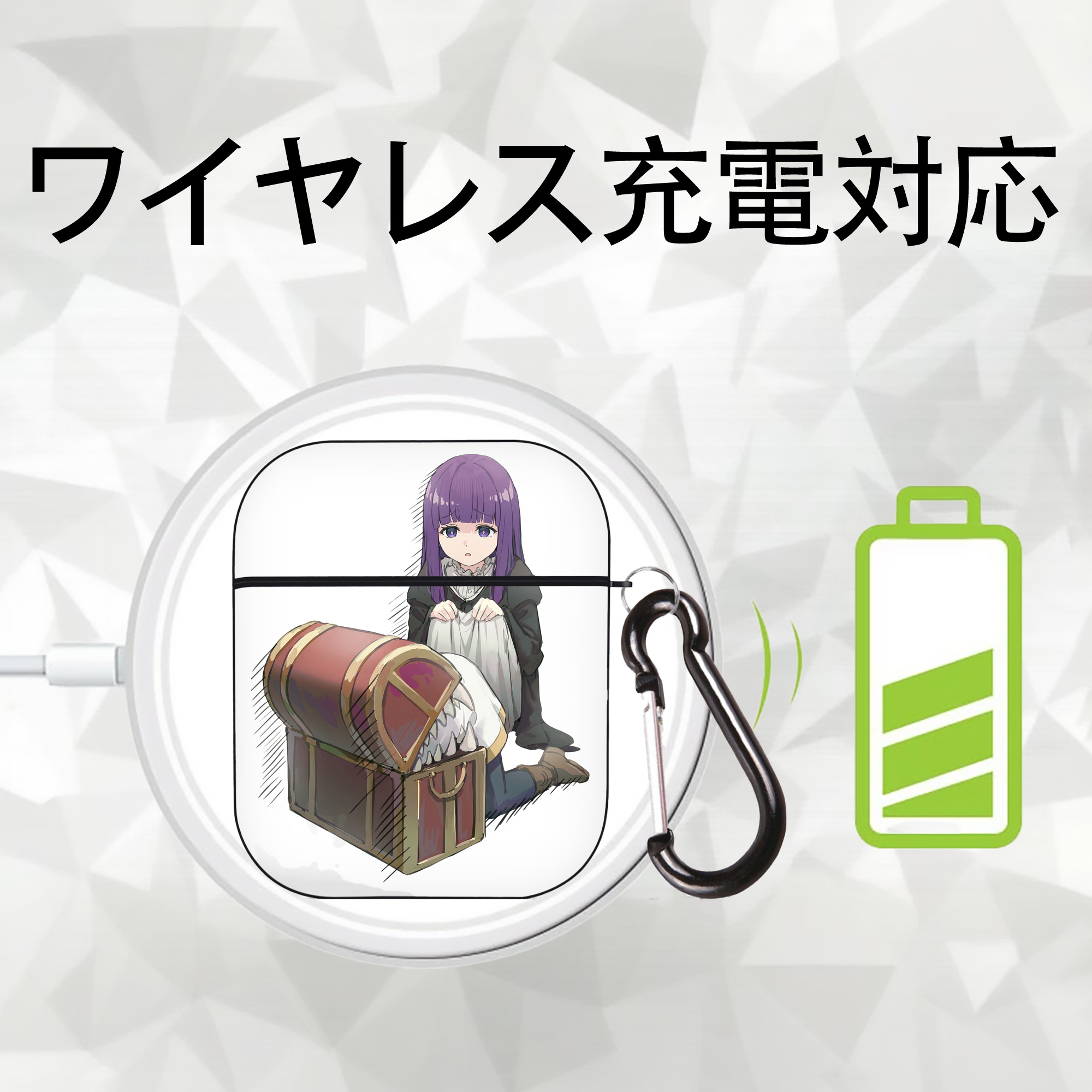 葬送のフリーレン Frieren AirPods 第2世代保護ケース ハードシェル ブラック 耐衝撃・防指紋・カラビナ付き